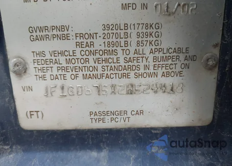 2002 Subaru Impreza 2.5Rs из США, поврежденный, VIN JF1GD675X2H524418